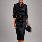 Angel - Women's Draped Cowl Neck Satin Midi Dress