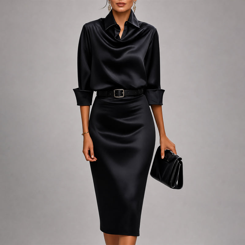Angel - Women's Draped Cowl Neck Satin Midi Dress