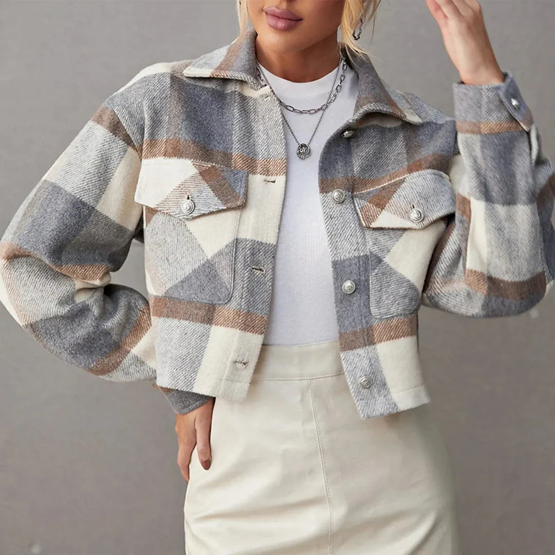 Anna - Women's Cropped Plaid Button-Up Jacket