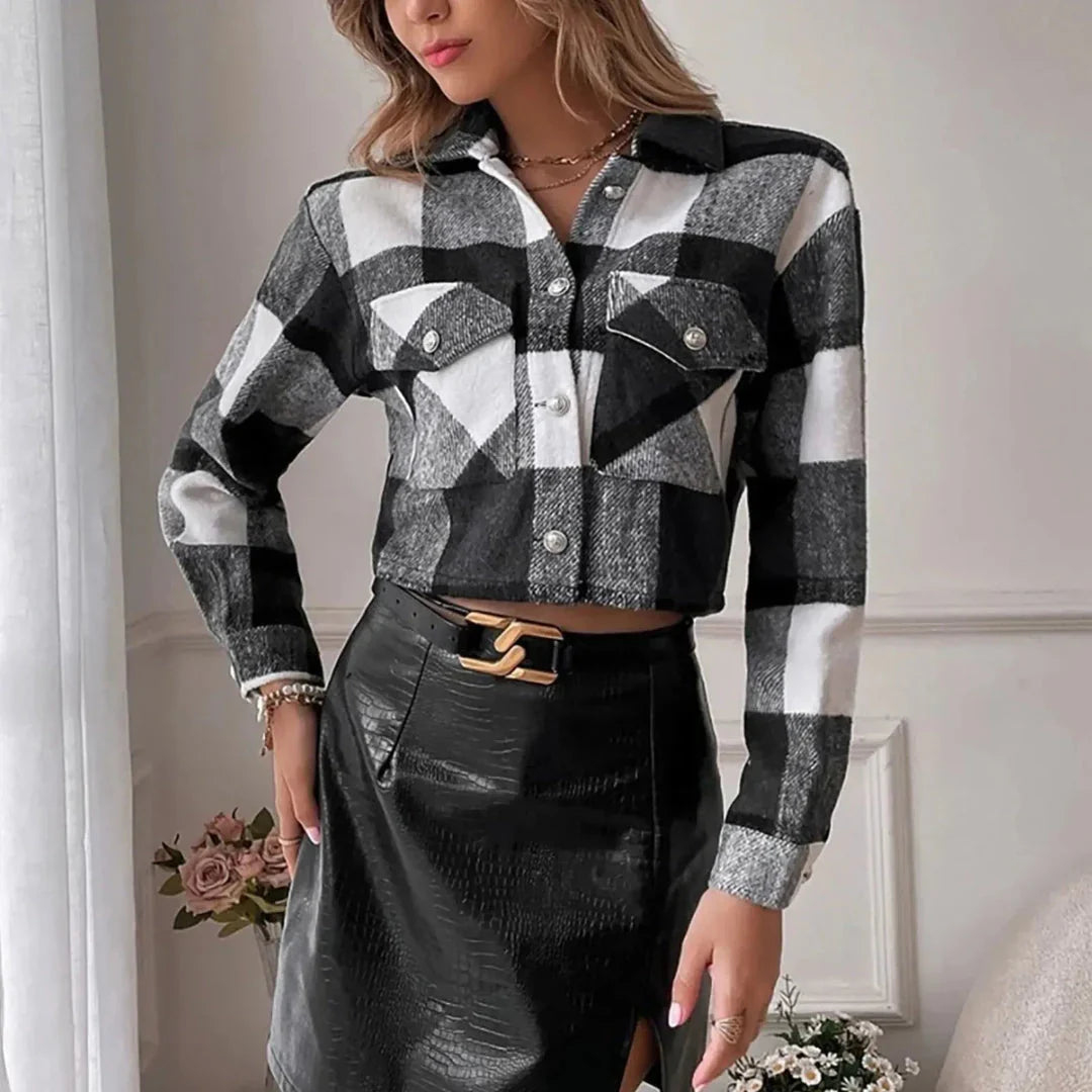 Anna - Women's Cropped Plaid Button-Up Jacket