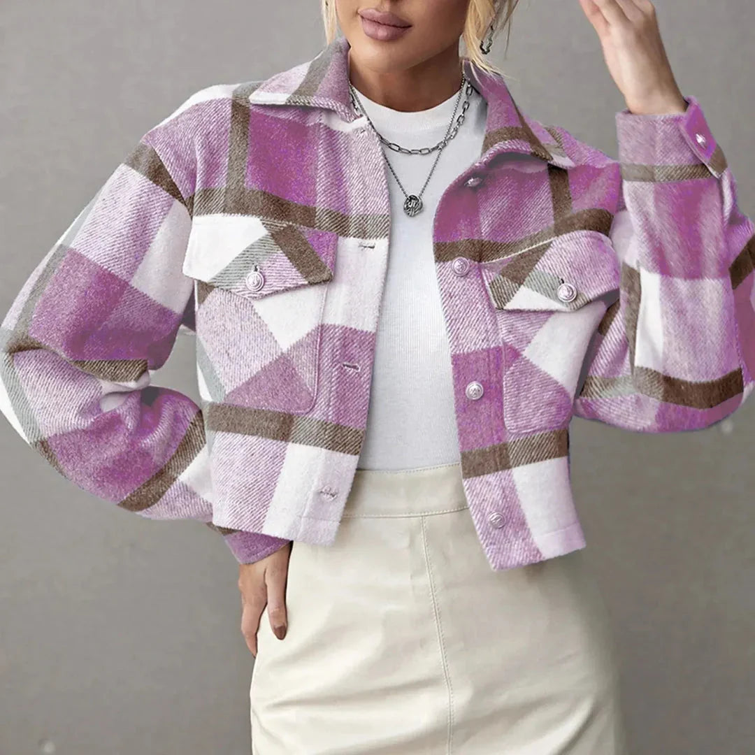 Anna - Women's Cropped Plaid Button-Up Jacket