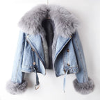 Aria - Women's Cropped Denim Jacket with Faux-Fur Collar and Cuffs
