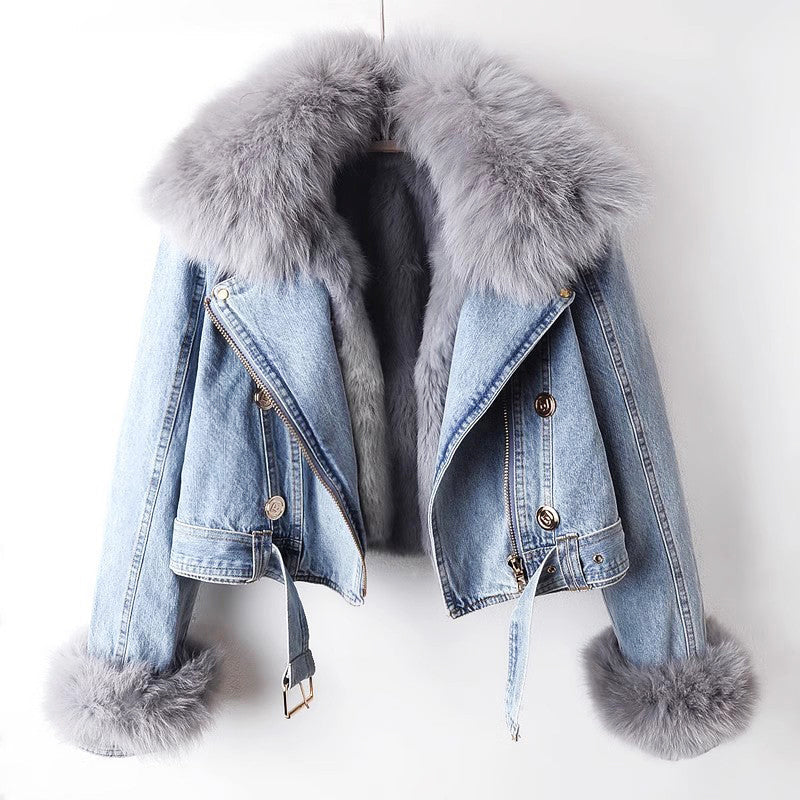 Aria - Women's Cropped Denim Jacket with Faux-Fur Collar and Cuffs