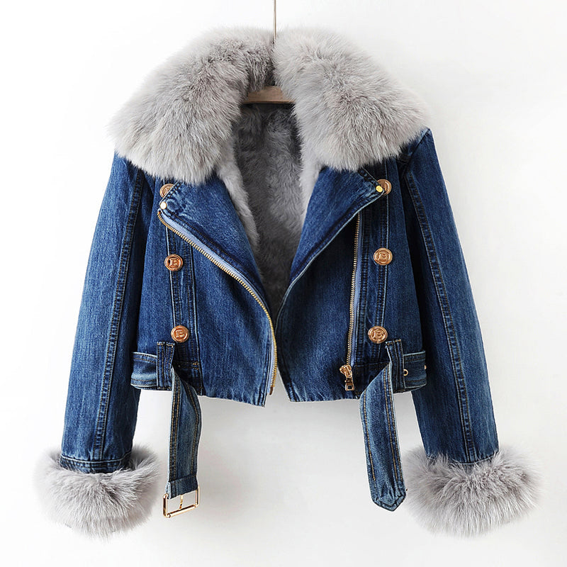 Aria - Women's Cropped Denim Jacket with Faux-Fur Collar and Cuffs