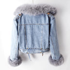 Aria - Women's Cropped Denim Jacket with Faux-Fur Collar and Cuffs