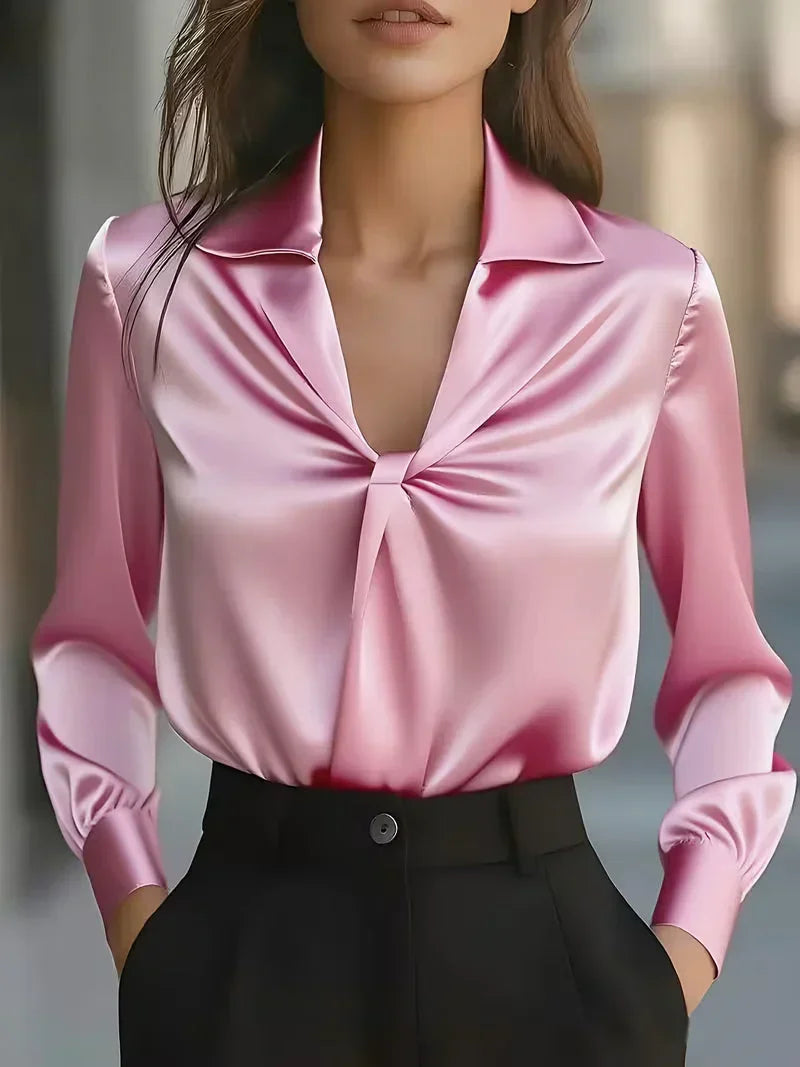 Arya - Women's Satin Front-Twist Blouse with Notch Collar