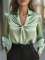 Arya - Women's Satin Front-Twist Blouse with Notch Collar