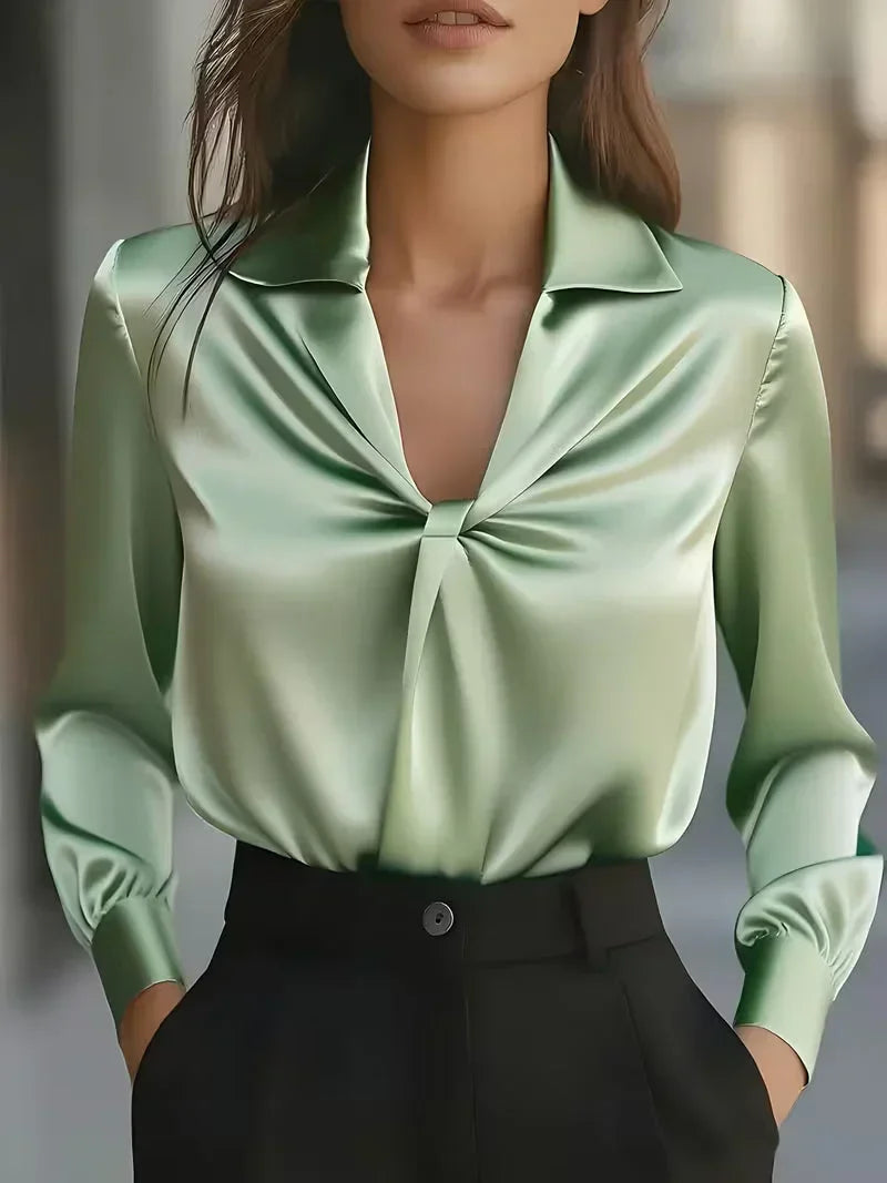 Arya - Women's Satin Front-Twist Blouse with Notch Collar