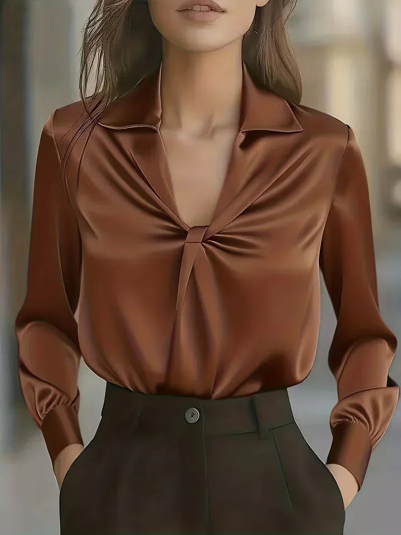 Arya - Women's Satin Front-Twist Blouse with Notch Collar