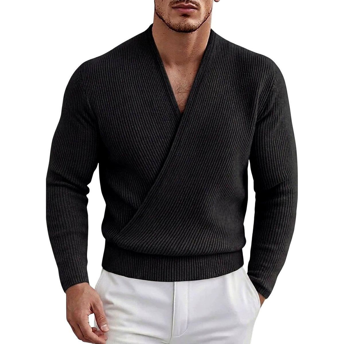 Brandon - Men's Ribbed Deep V-Neck Crossover Long Sleeve Top 4