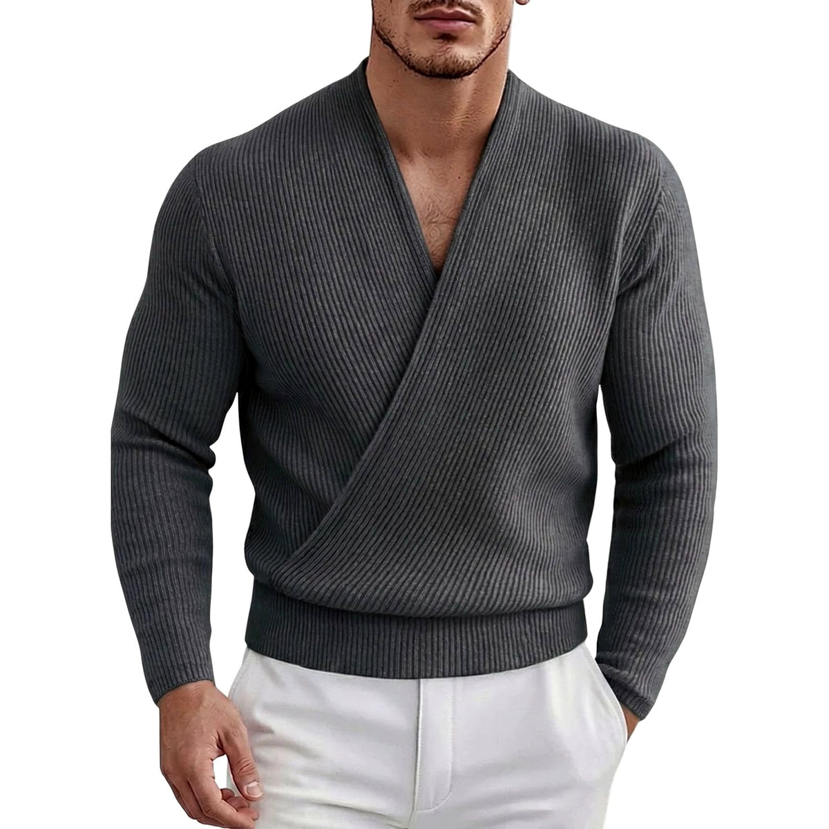 Brandon - Men's Ribbed Deep V-Neck Crossover Long Sleeve Top 5