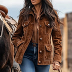 Carmela - Women's Suede Button-Front Jacket with Flap Pockets