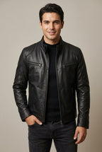 Dorian - Men's Stand-Collar Leather Jacket with Quilted Shoulders