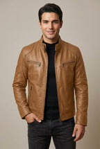 Dorian - Men's Stand-Collar Leather Jacket with Quilted Shoulders