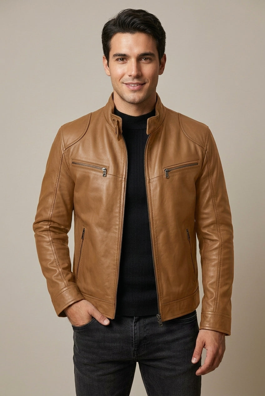 Dorian - Men's Stand-Collar Leather Jacket with Quilted Shoulders