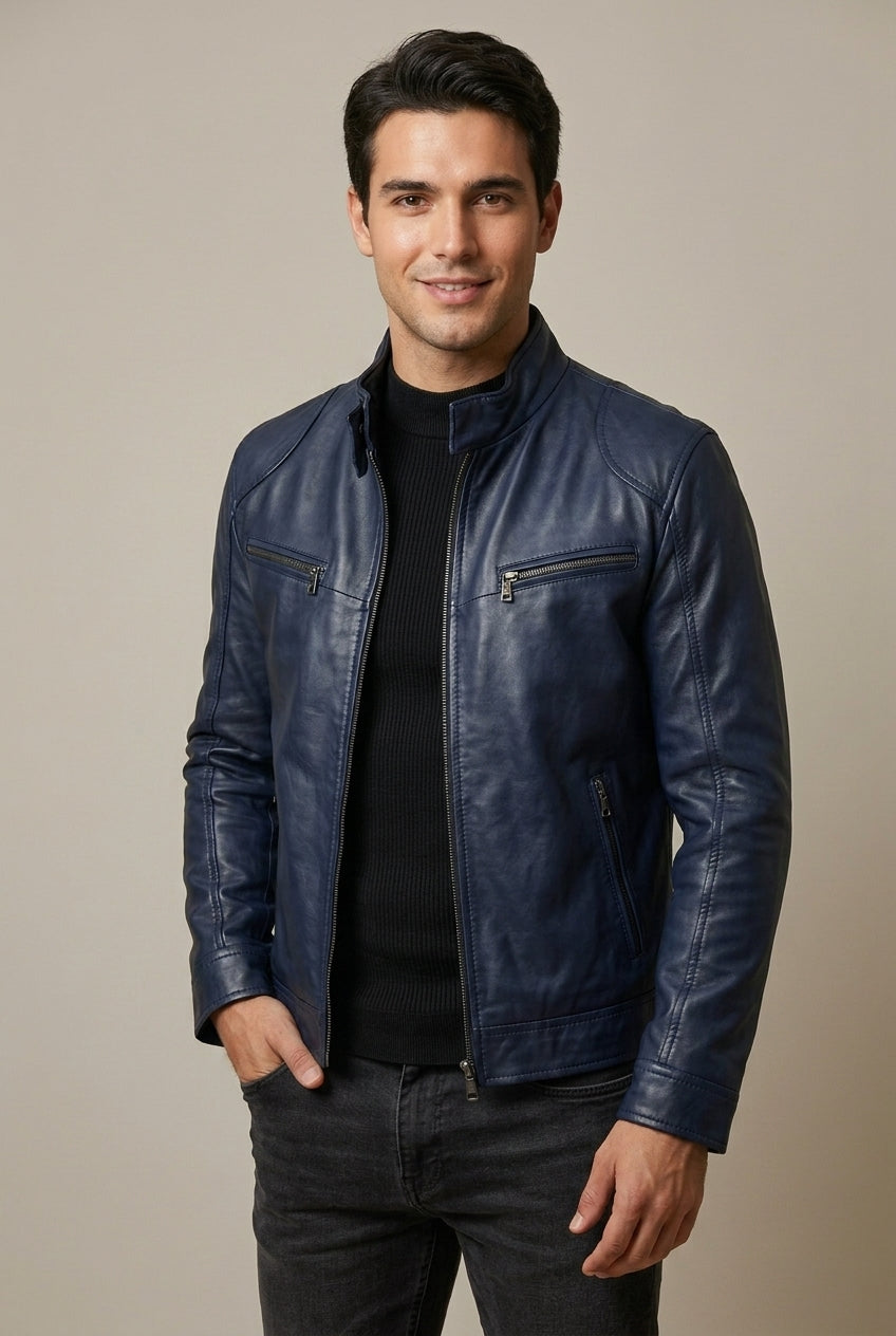 Dorian - Men's Stand-Collar Leather Jacket with Quilted Shoulders