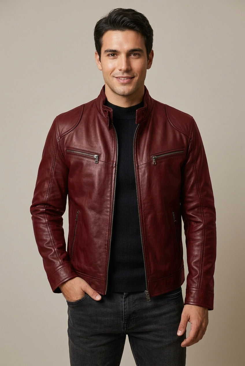 Dorian - Men's Stand-Collar Leather Jacket with Quilted Shoulders