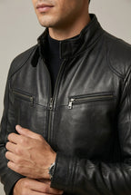 Dorian - Men's Stand-Collar Leather Jacket with Quilted Shoulders
