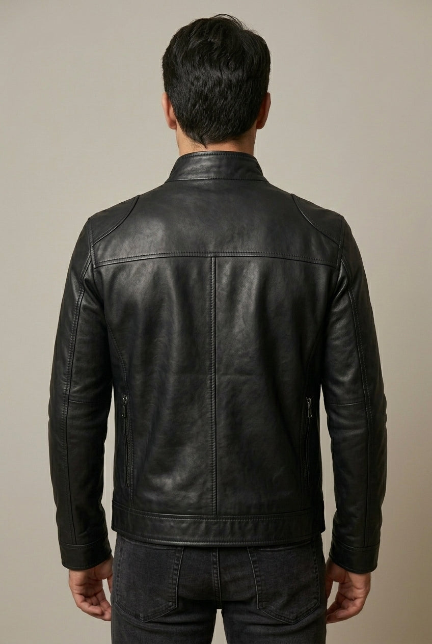 Dorian - Men's Stand-Collar Leather Jacket with Quilted Shoulders