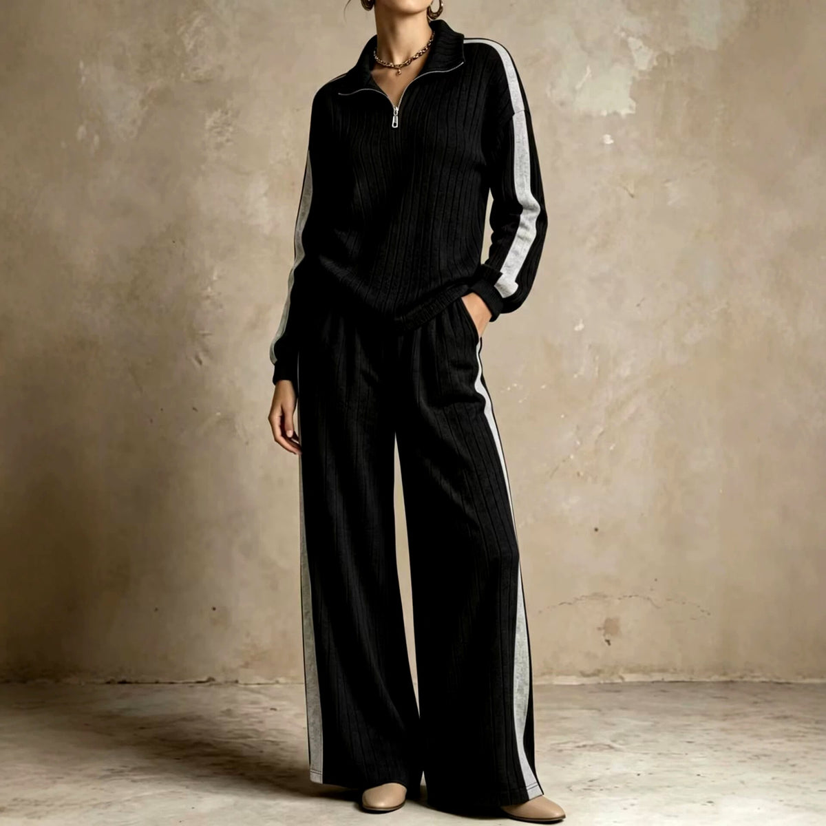 Edith - Women's Ribbed Half-Zip Wide Leg Matching Set 2