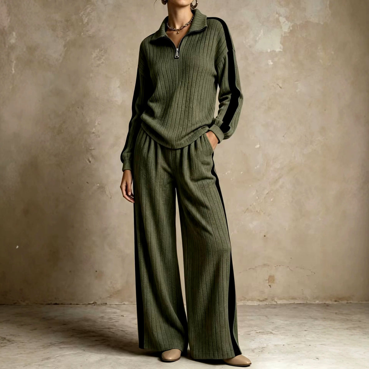 Edith - Women's Ribbed Half-Zip Wide Leg Matching Set 3