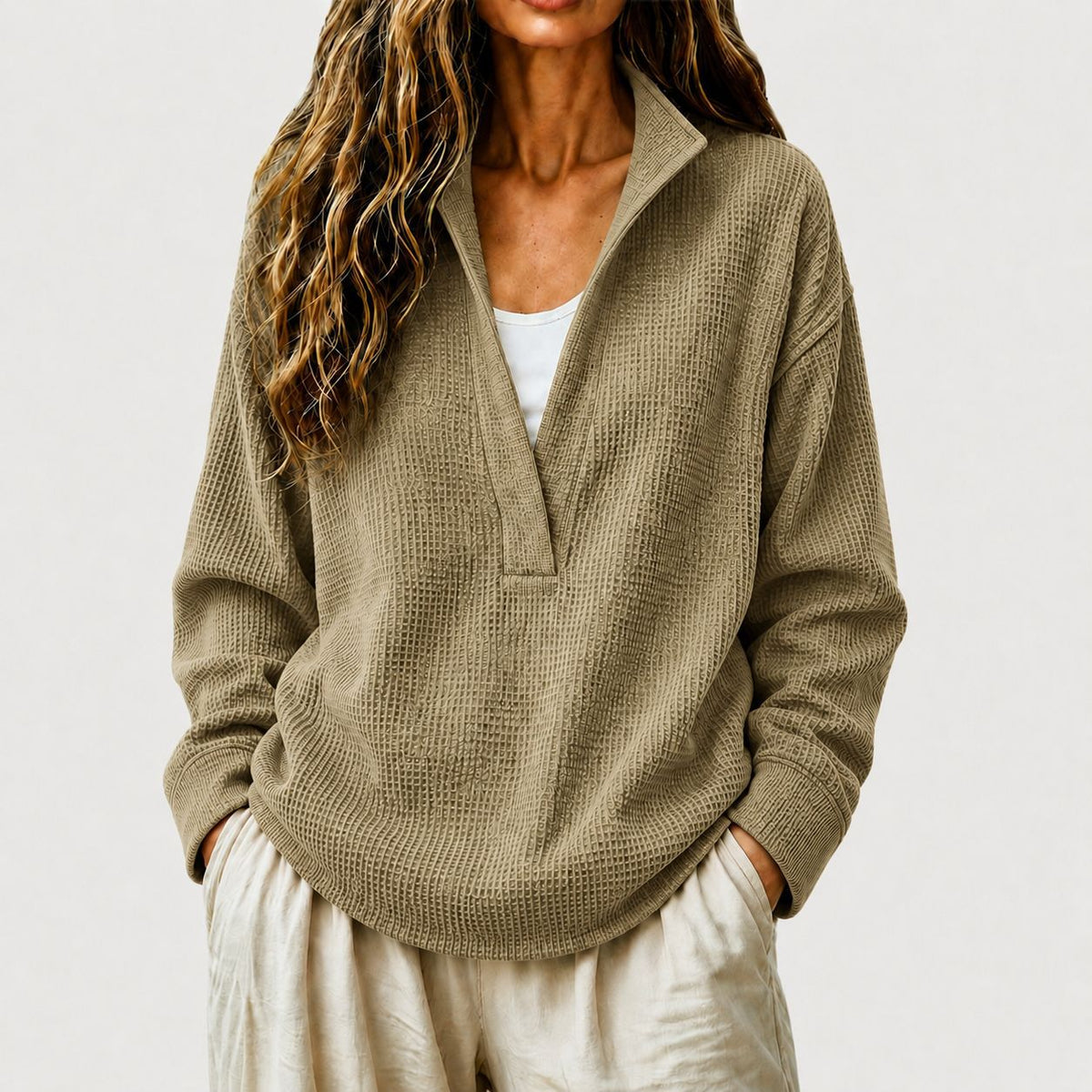 Edith - Women's Waffle Textured Collared V-Neck Sweatshirt 1