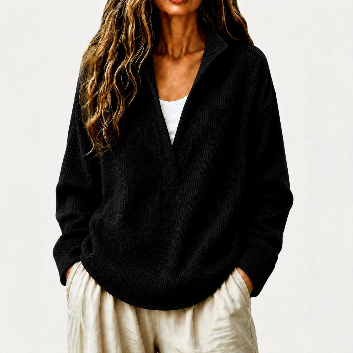 Edith - Women's Waffle Textured Collared V-Neck Sweatshirt 2