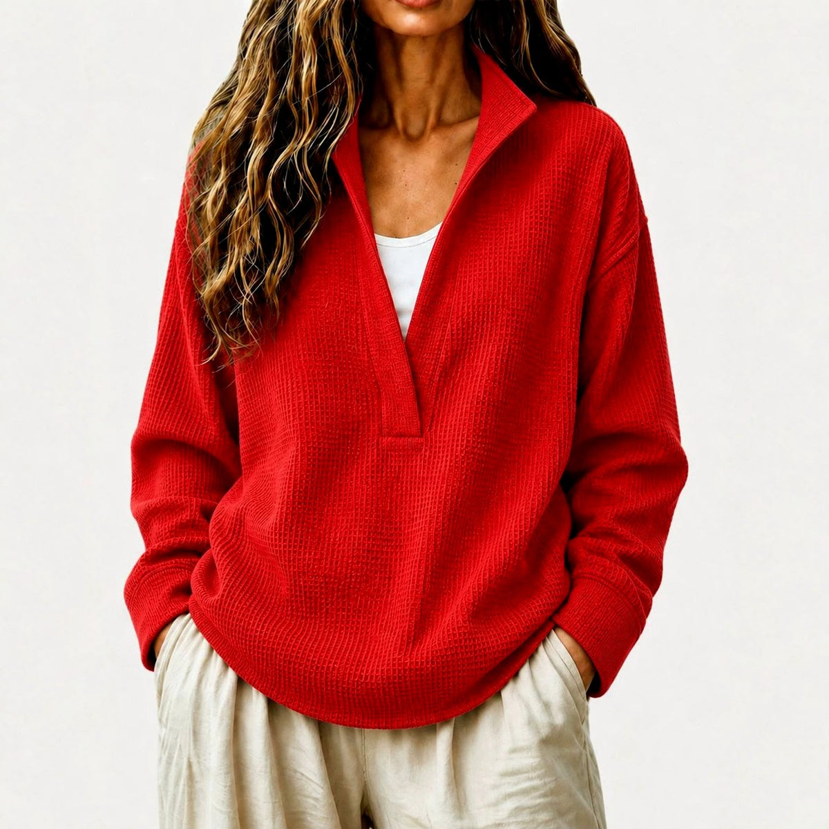 Edith - Women's Waffle Textured Collared V-Neck Sweatshirt 3