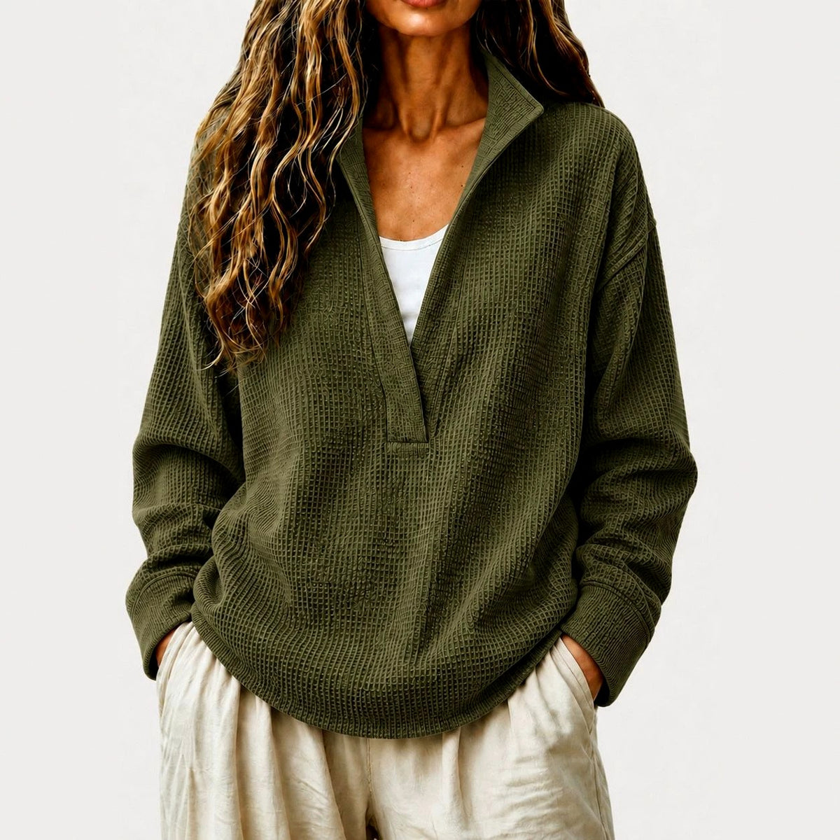 Edith - Women's Waffle Textured Collared V-Neck Sweatshirt 4