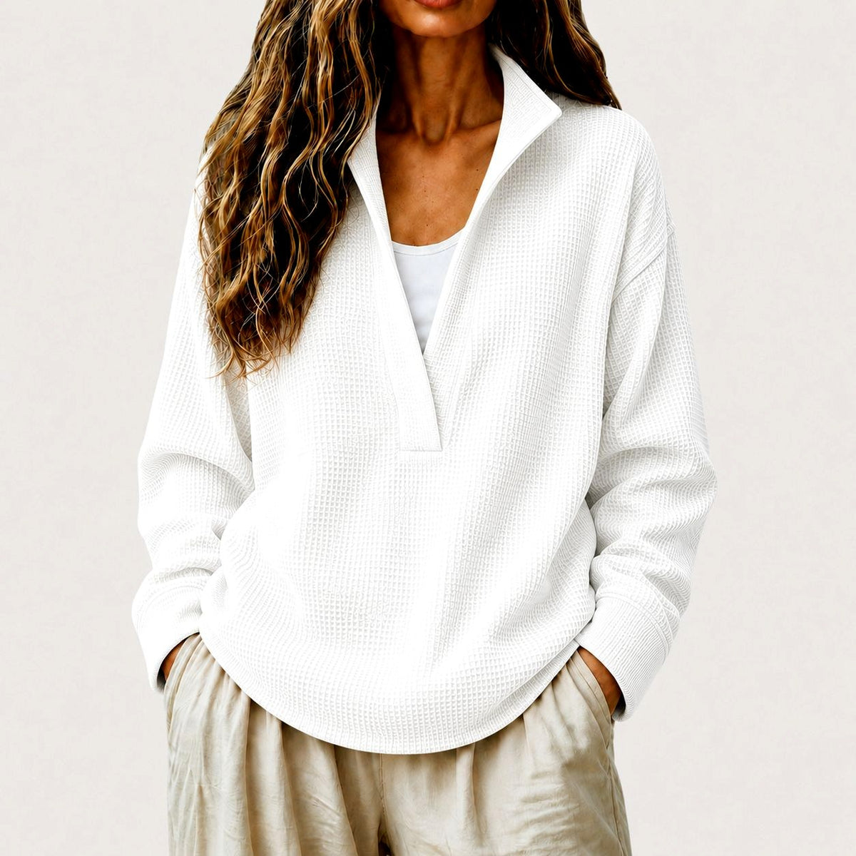 Edith - Women's Waffle Textured Collared V-Neck Sweatshirt 5