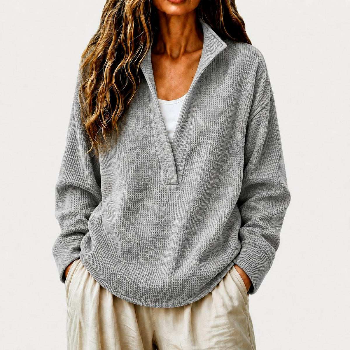 Edith - Women's Waffle Textured Collared V-Neck Sweatshirt 6