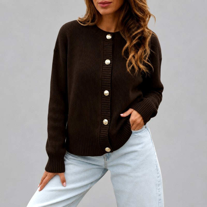 Eliza - Women's Ribbed Crew Neck Button-Up Cardigan 2
