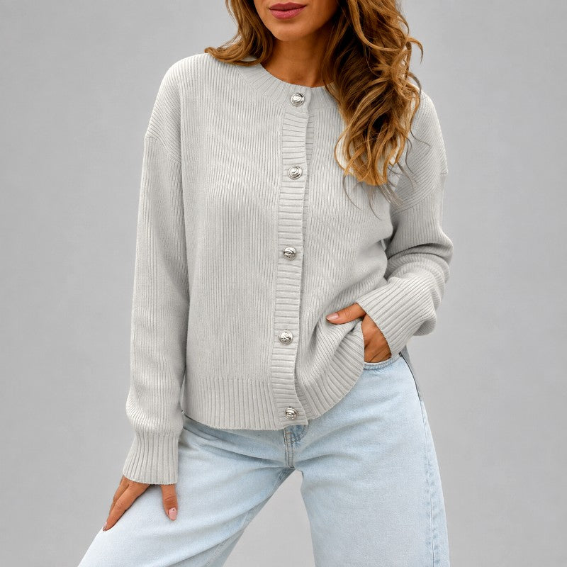 Eliza - Women's Ribbed Crew Neck Button-Up Cardigan 3