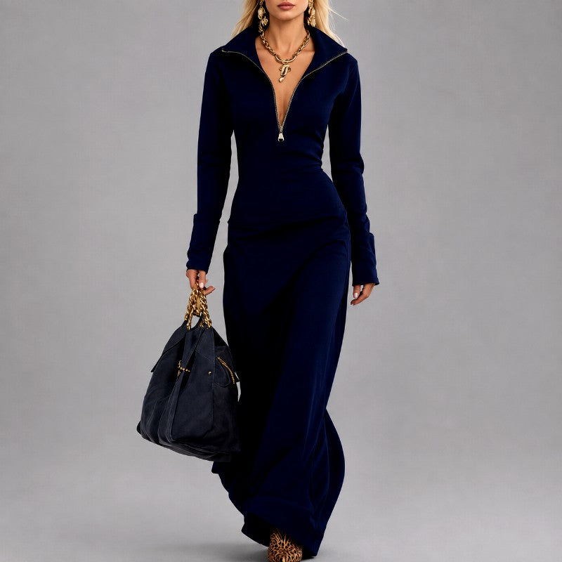 Elke - Women's Long Sleeve Zip-Neck Maxi Dress 3