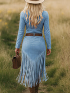 Emily - Women's Tassel-Trim Lapel Zip Dress with Long Sleeves
