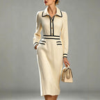 Faye - Women's Long-Sleeve Pointed Collar Midi Dress 1