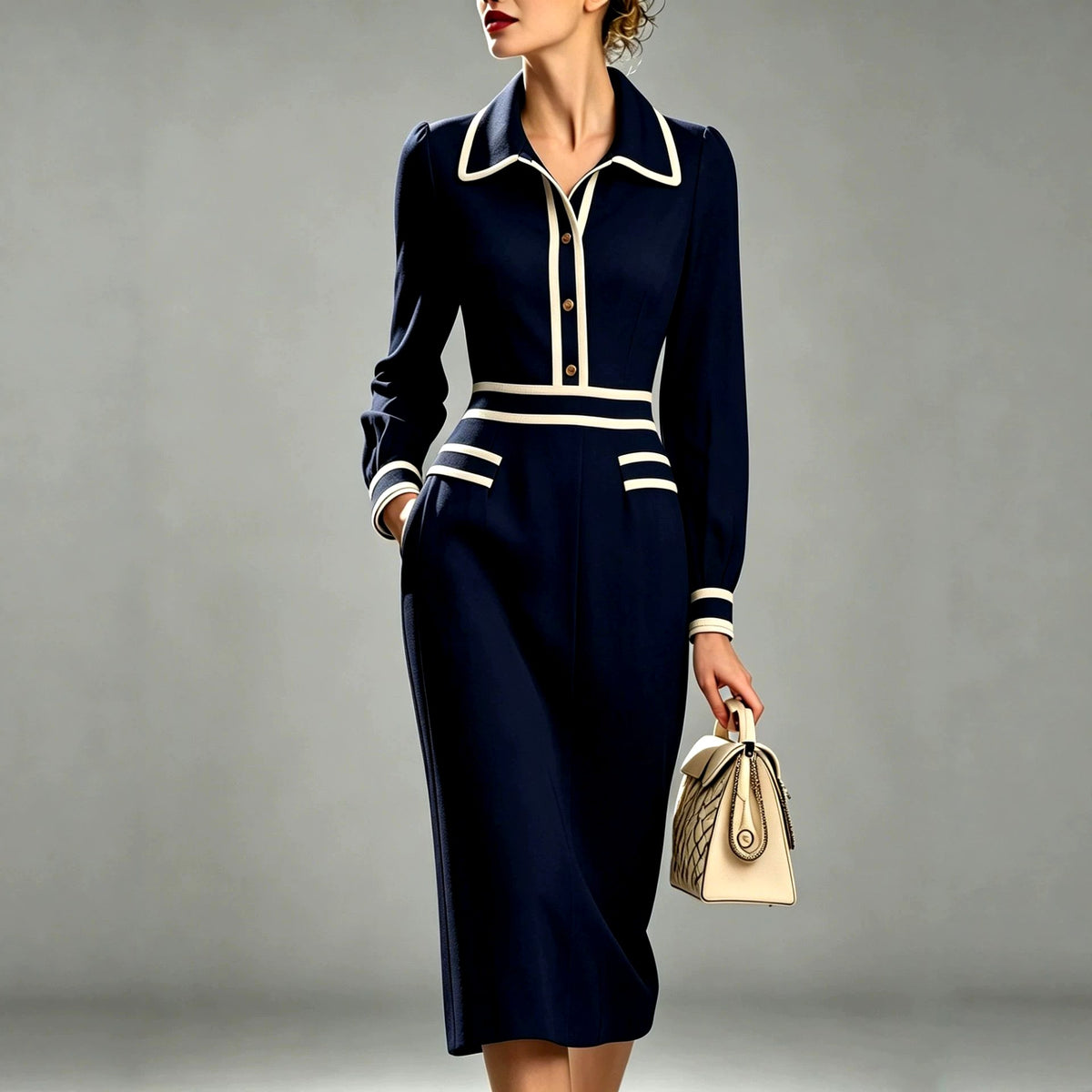 Faye - Women's Long-Sleeve Pointed Collar Midi Dress 4