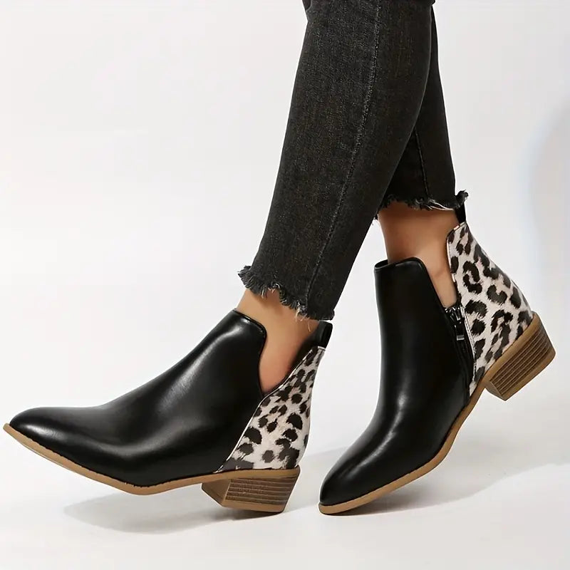 Gelyn - Women's Mixed-Texture Ankle Boots with Leopard Print