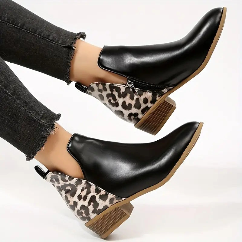 Gelyn - Women's Mixed-Texture Ankle Boots with Leopard Print