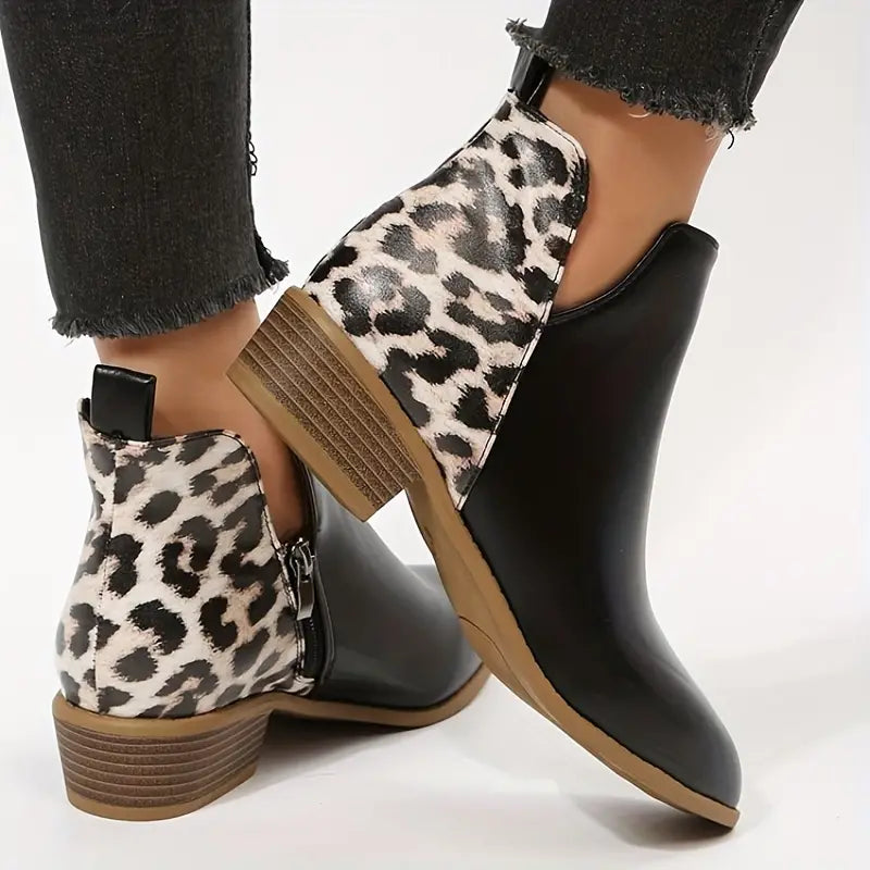 Gelyn - Women's Mixed-Texture Ankle Boots with Leopard Print