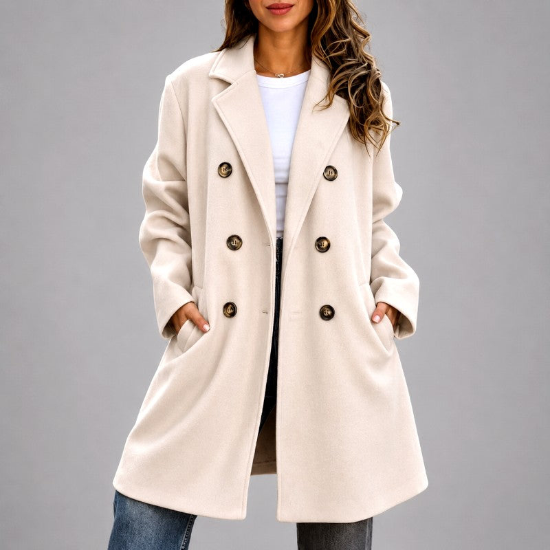 Gemma - Women's Notched Lapel Double-Breasted Coat 2