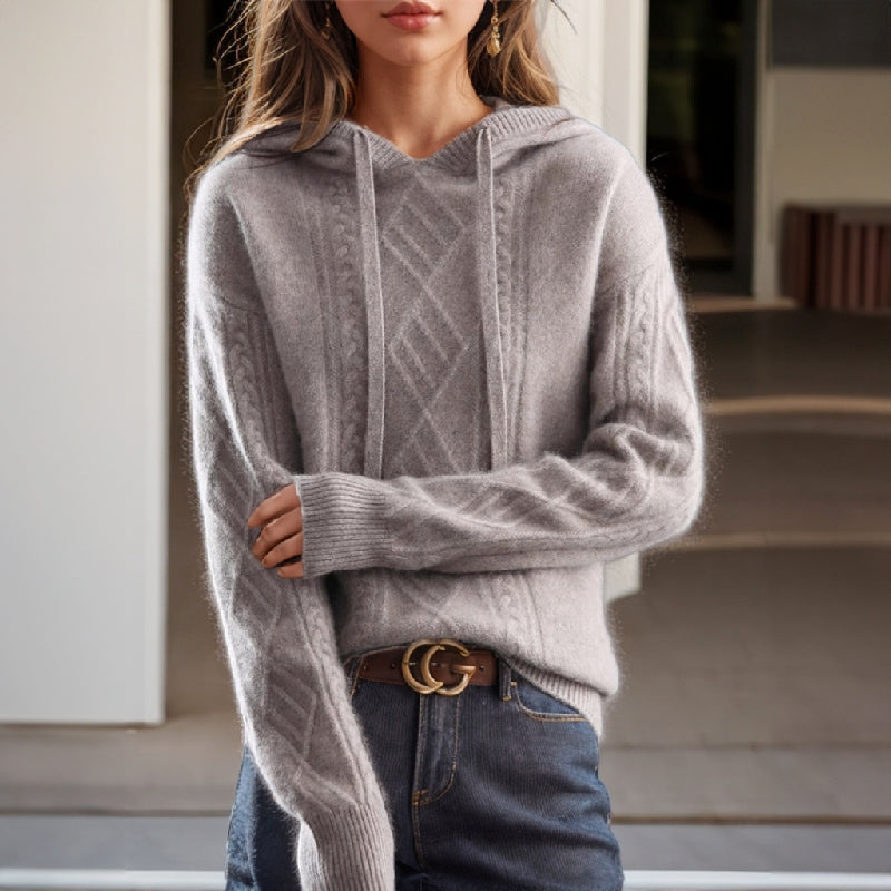 Hazel - Women's Cable Knit Hooded Pullover Sweater