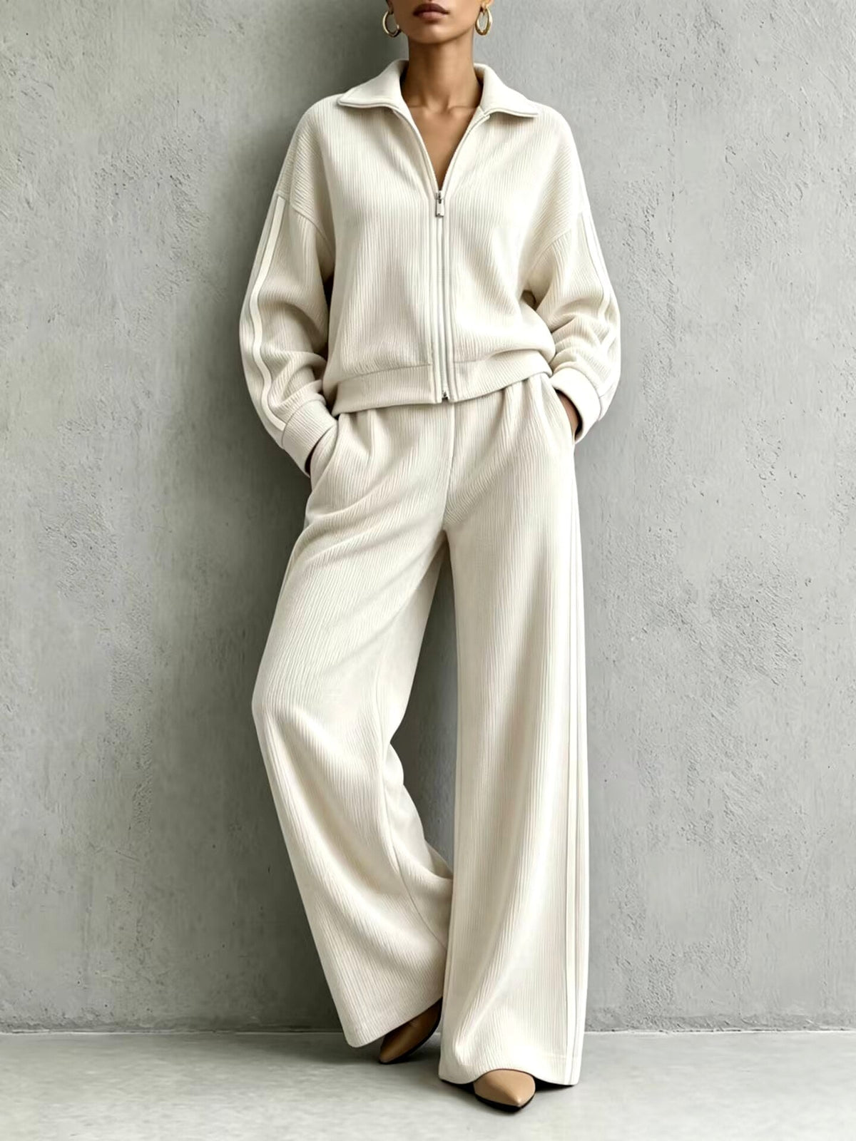 Isabel - Women's Ribbed Zip-Up Two-Piece Lounge Set