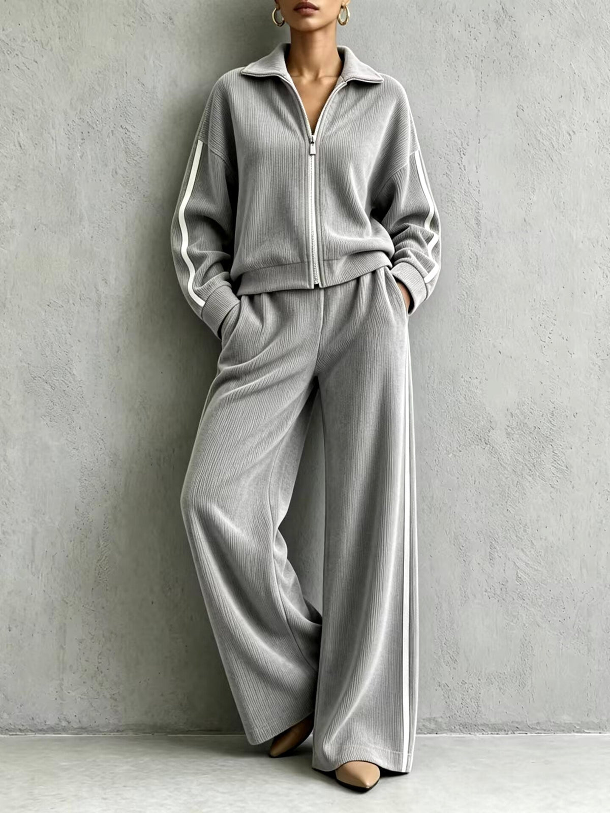Isabel - Women's Ribbed Zip-Up Two-Piece Lounge Set