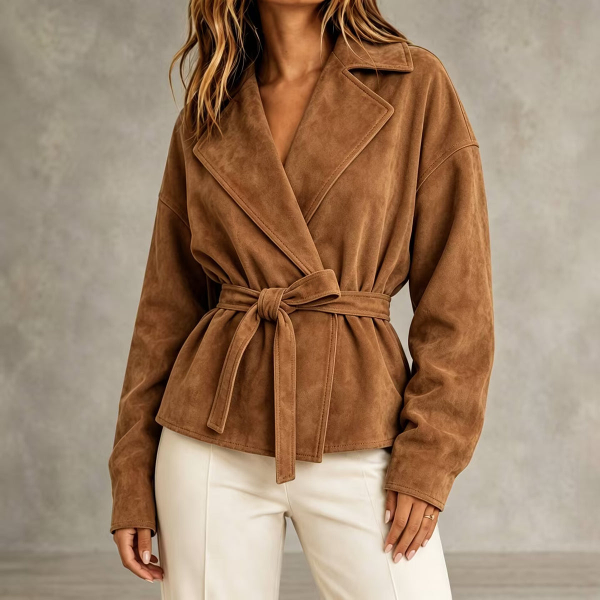 Jadwiga - Women's Suede Notched Lapel Cropped Blazer Jacket 1