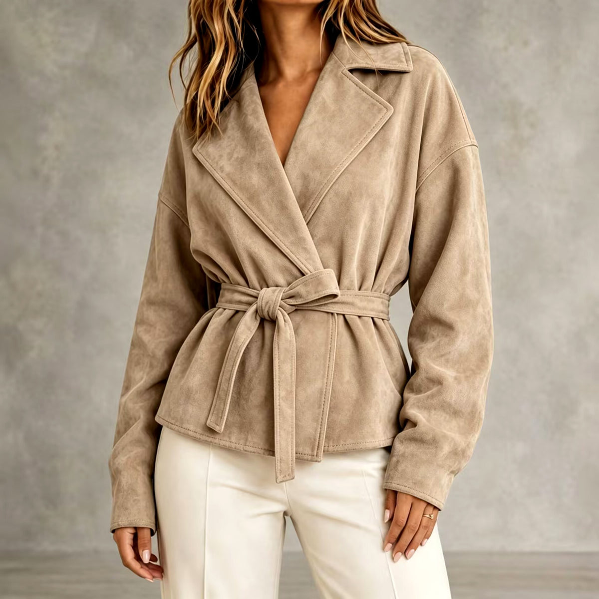 Jadwiga - Women's Suede Notched Lapel Cropped Blazer Jacket 2