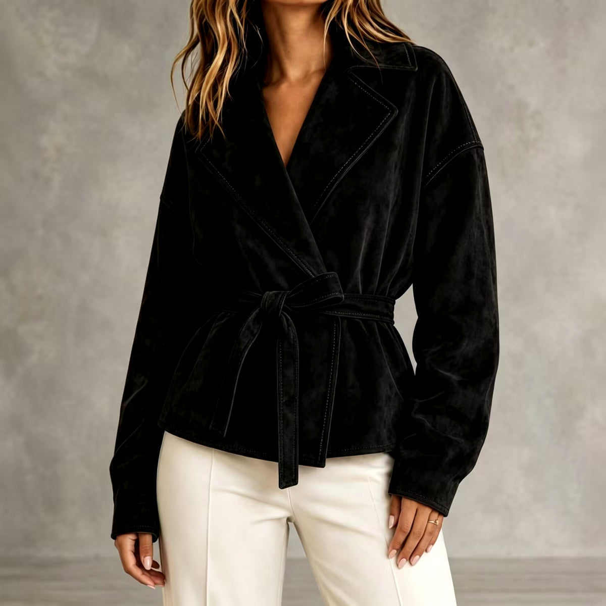 Jadwiga - Women's Suede Notched Lapel Cropped Blazer Jacket 3