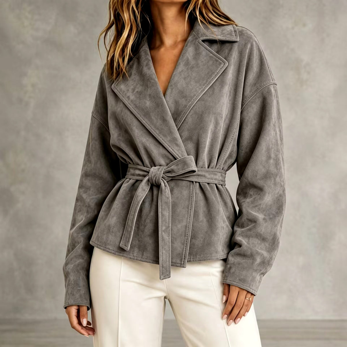 Jadwiga - Women's Suede Notched Lapel Cropped Blazer Jacket 4