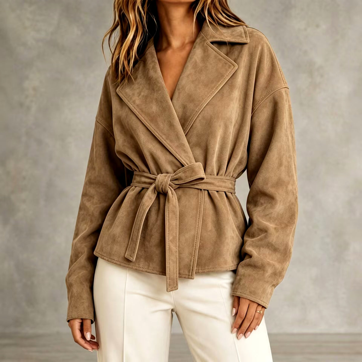 Jadwiga - Women's Suede Notched Lapel Cropped Blazer Jacket 5