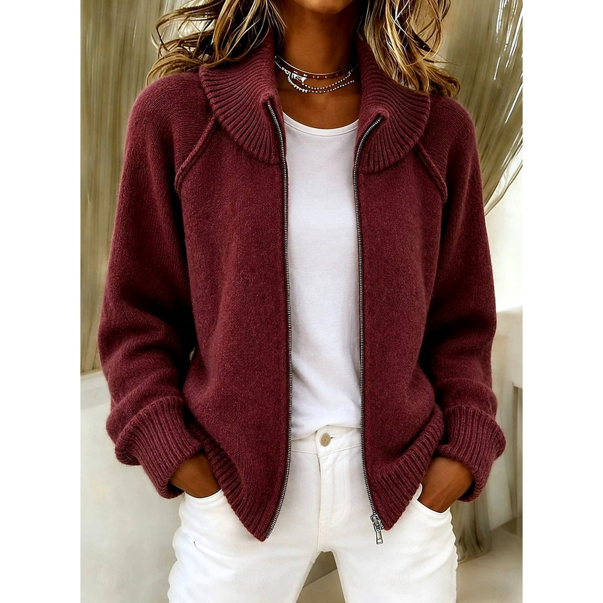 Kaia - Women's High-Neck Zip-Up Knit Cardigan 2